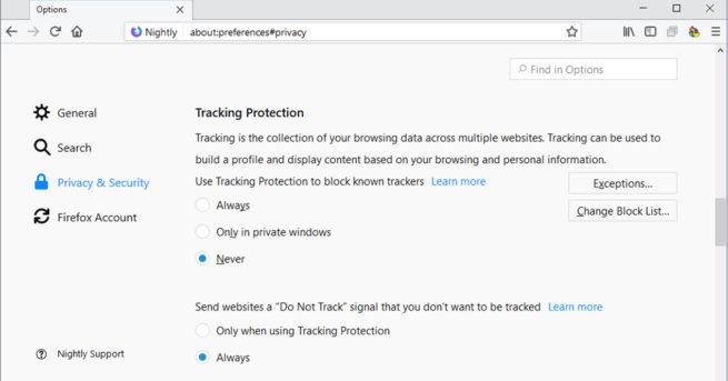 Imagen de la ventana de configuración de la protección contra el seguimiento en Mozilla Firefox 57