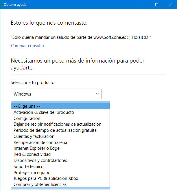 Producto y problema para obtener ayuda en Windows 10