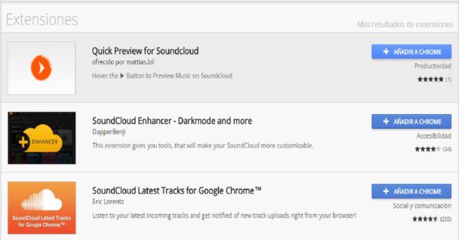 Imagen que muestra diferentes extensiones del navegador Google Chrome para la aplicación musical SoundCloud.