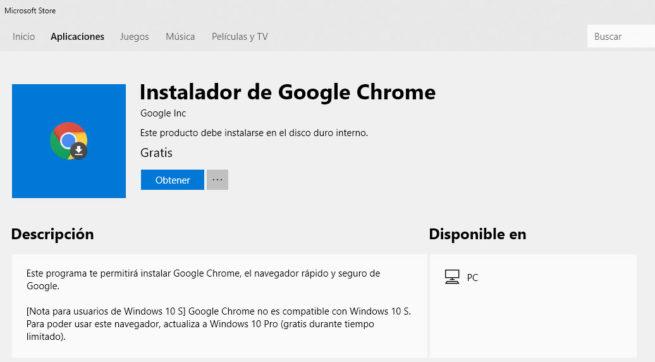Google Chrome en la Microsoft store