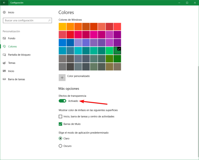 Desactivar transparencia Windows 10 Fluent Design