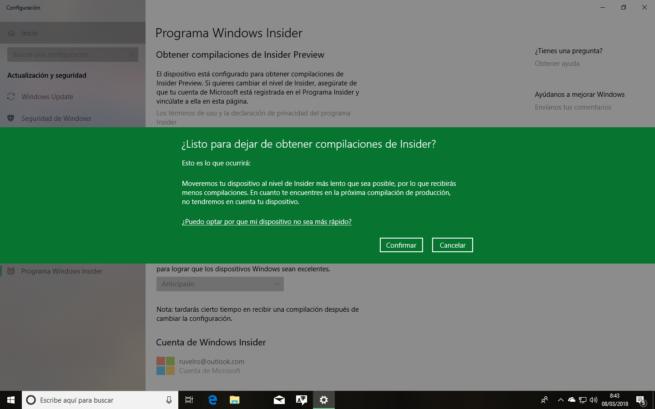 Confirmar abandonar Insider Windows 10
