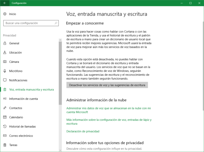 Desactivar los servicios de voz y las sugerencias de escritura Windows 10