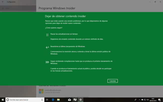 Elegir opción abandonar Insider Windows 10