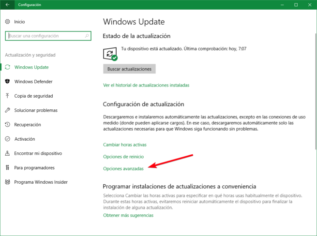 Opciones avanzadas Windows Update Windows 10