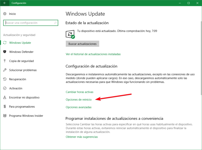 Opciones de reinicio Windows Update Windows 10
