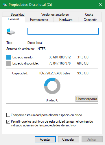 Propiedades de disco duro Windows 10 Spring Creators Update