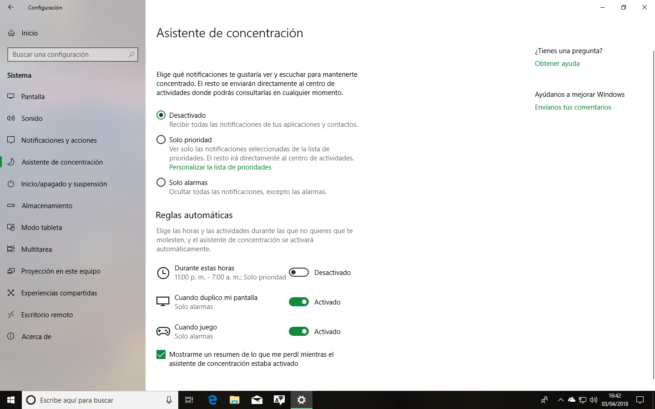 Configurar asistente de concentración Windows 10 Spring Creators Update