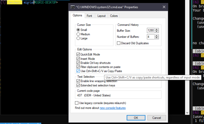Nuevos atajos de teclado copiar y pegar CMD Bash Windows 10
