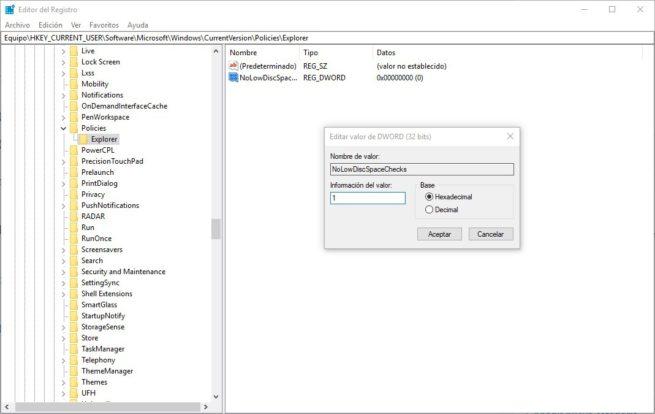 Registro Windows desactivar mensaje poco espacio libre