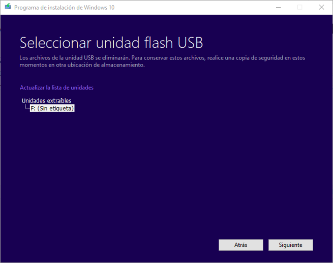 Windows 10 Spring Creators Update - Elegir USB para grabar