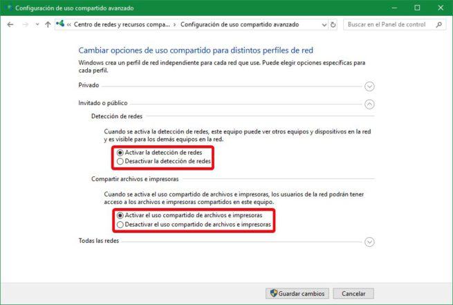 Activar opciones compartir en red Windows 10