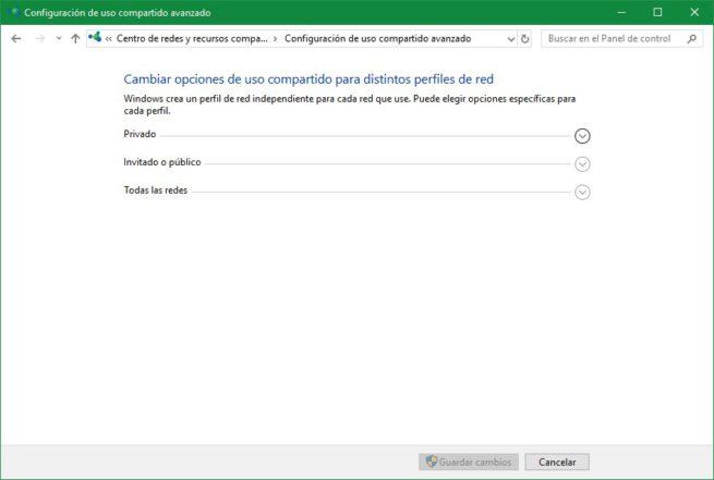 Configuración avanzada de uso compartido Windows 10