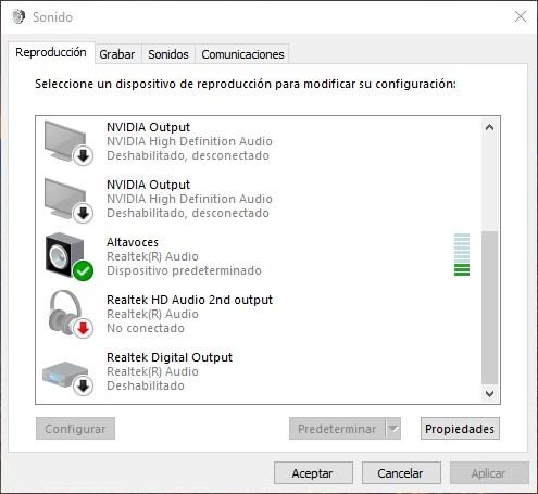 Lista de dispositivos de audio Windows 10
