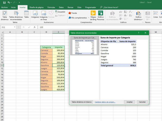 Elegir tabla dinámica para Excel