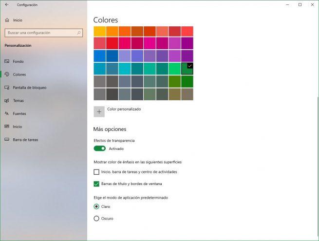Configuración Color Windows 10 October 2018 Update