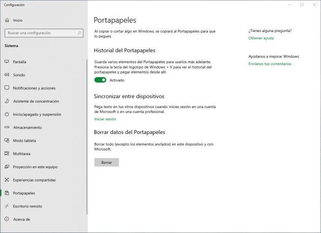 Activar historial del portapapeles Windows 10 October 2018 Update