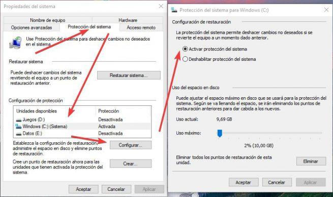 Activar configurar punto restauración Windows 10