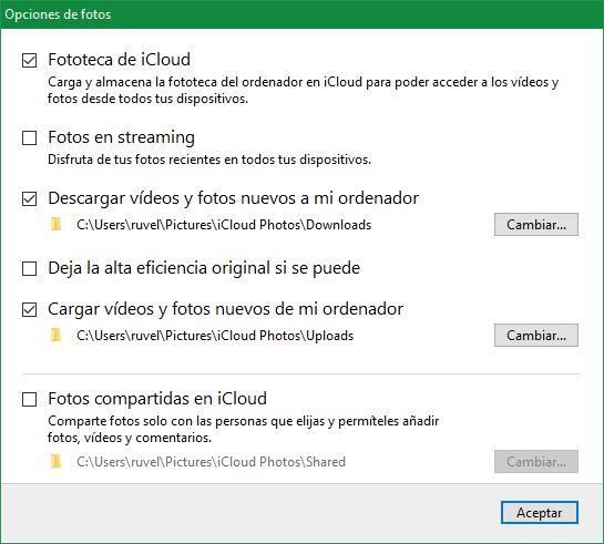 Configuración Fotos iCloud Windows 10