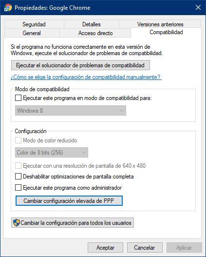 Opciones compatibilidad aplicación Windows 10