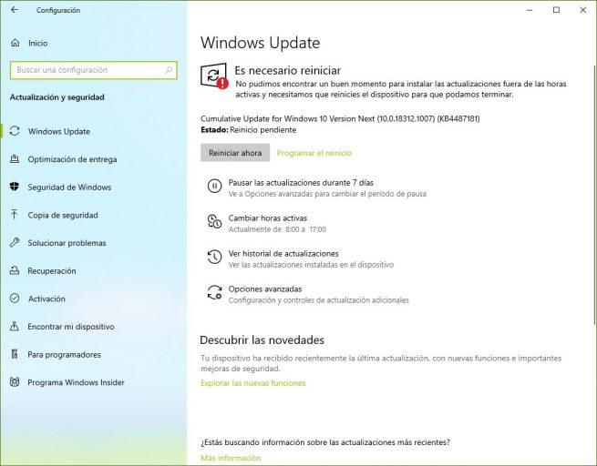 Nuevas opciones Windows Update Windows 10 19H1
