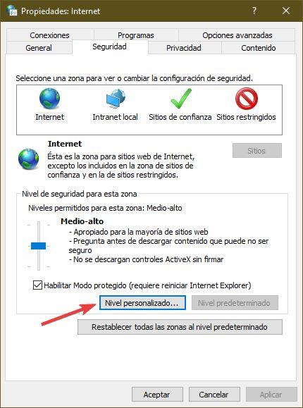 Nivel personalizado de seguridad en Windows 10
