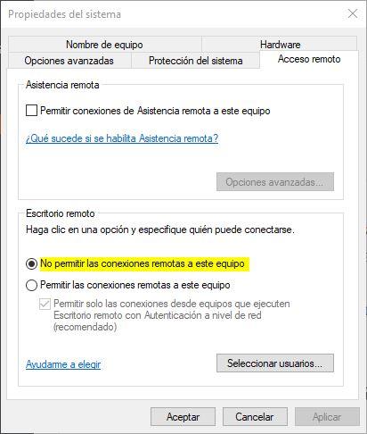 Desactivar RDP Windows 10